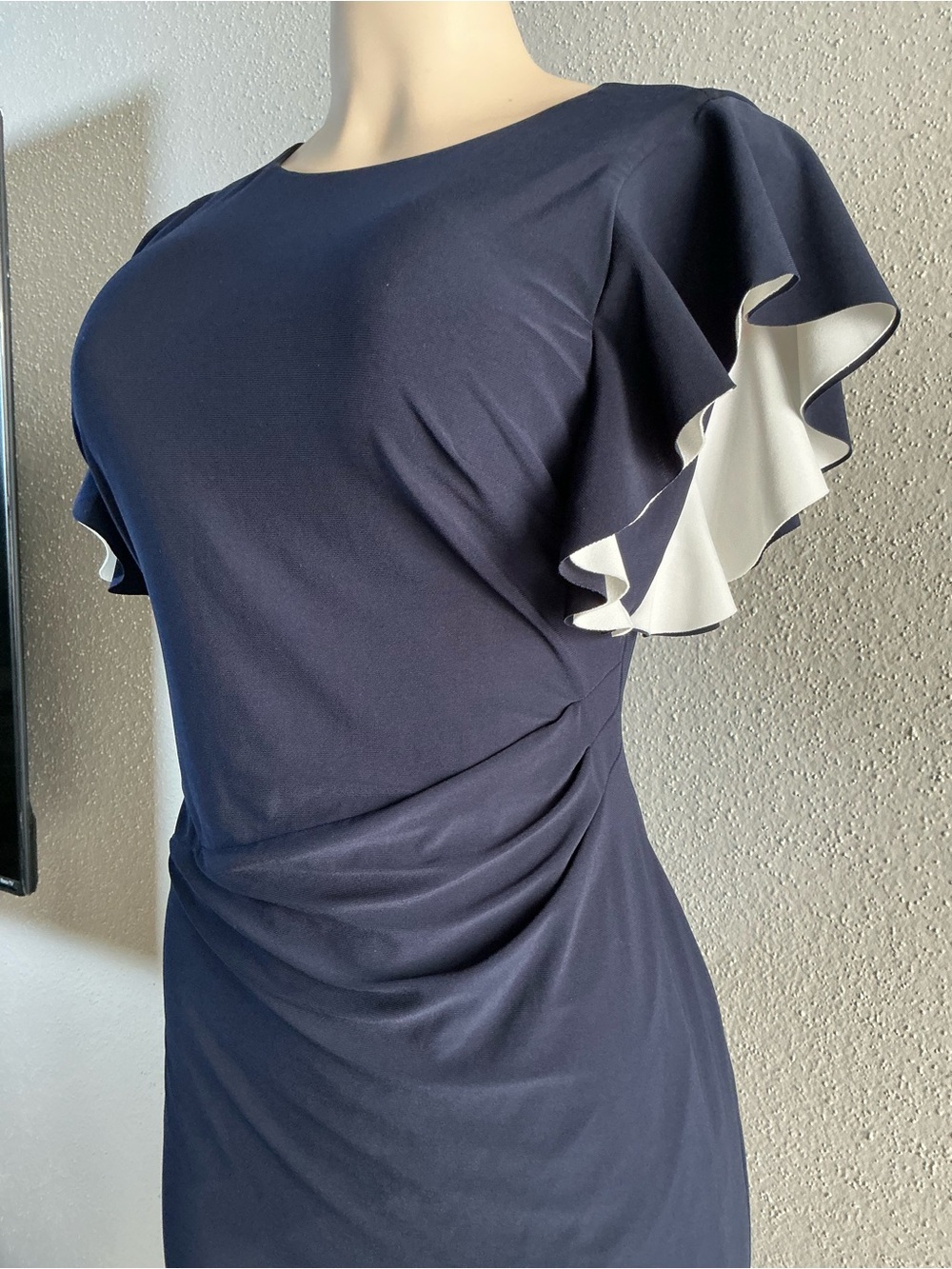 Lauren Ralph Lauren Navy Midi Sheath Dress with White-Trim Flutter Sleeves - Picture 6 of 8